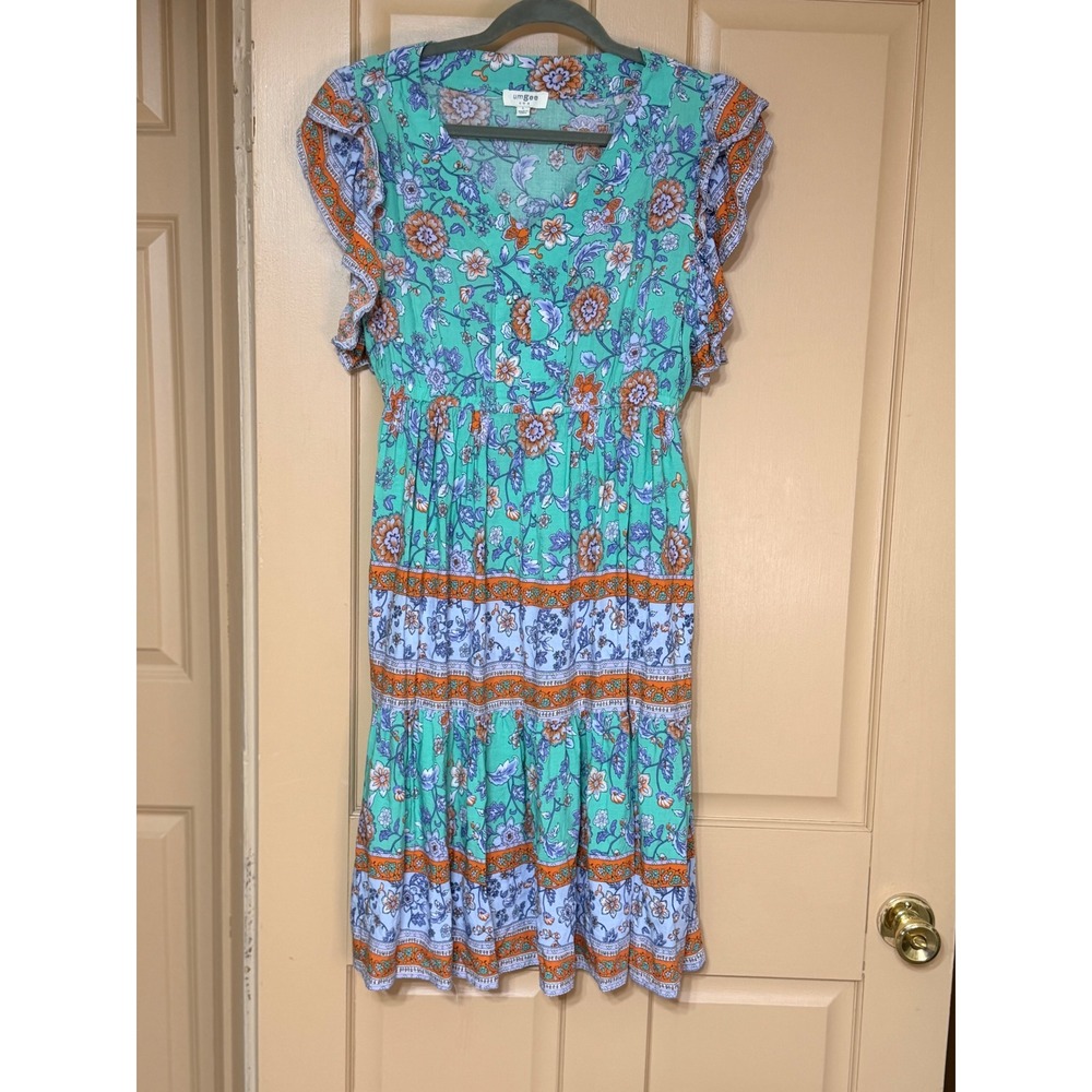 Umgee USA Floral Ruffle Sleeve Tiered Mini Dress Teal Purple Orange Boho Large
